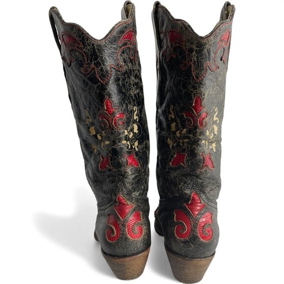 Corral Lizard Leather Western Cowgirl Black Red Boots Women's 9 - Picture 9 of 14